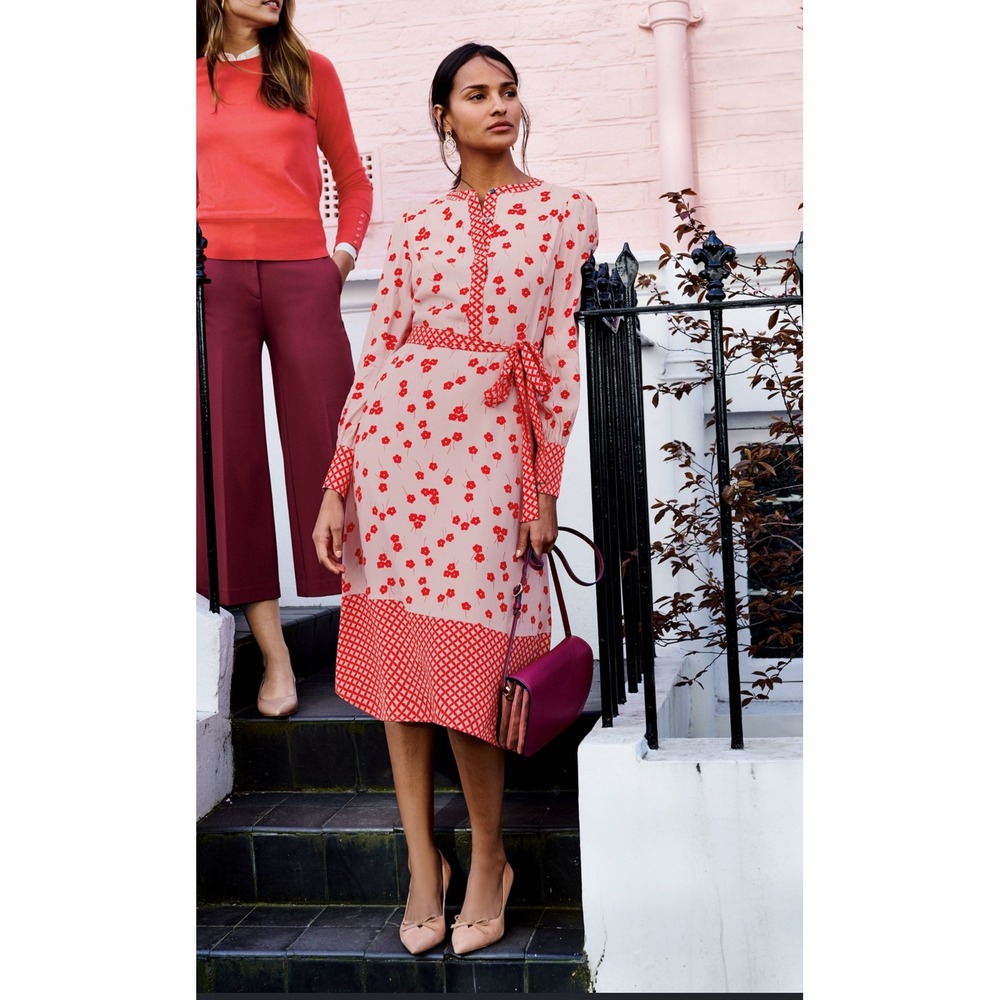 Boden Pink Red Floral Geometric Midi Dress Long Sleeve Belted